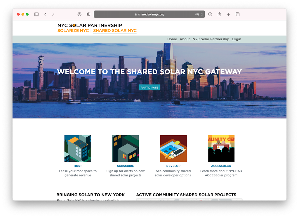Screen shot of Shared Solar NYC Gateway with a skyline and four buttons